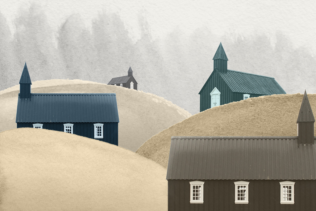 Editorial illustration of 4 differently colored church houses on overlapping hills.