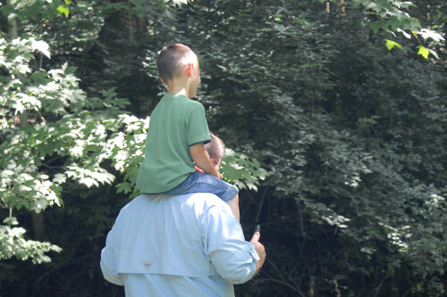 A father carries his son on his shoulders through the woods.